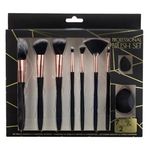 Ingrijire personala si Cosmetice - Machiaj - Aplicatoare si pensule machiaj - Set Pensule Machiaj si Bureti, 9 buc, Negru cu Detalii Roz Aurii - Infinity.ro
