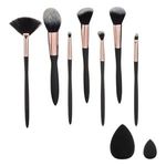 Ingrijire personala si Cosmetice - Machiaj - Aplicatoare si pensule machiaj - Set Pensule Machiaj si Bureti, 9 buc, Negru cu Detalii Roz Aurii - Infinity.ro