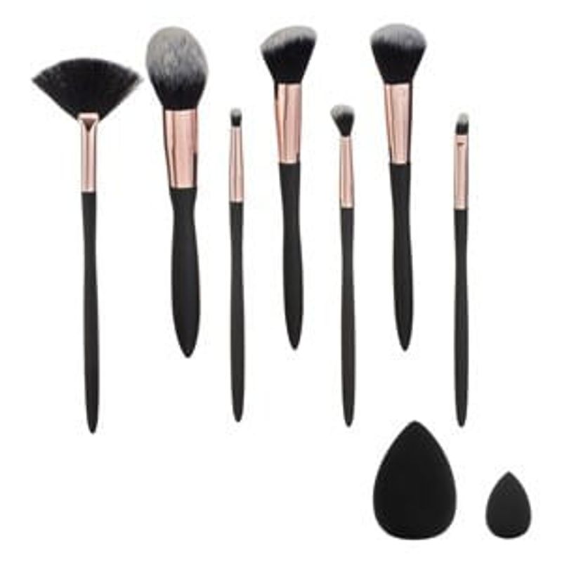 Ingrijire personala si Cosmetice - Machiaj - Aplicatoare si pensule machiaj - Set Pensule Machiaj si Bureti, 9 buc, Negru cu Detalii Roz Aurii - Infinity.ro