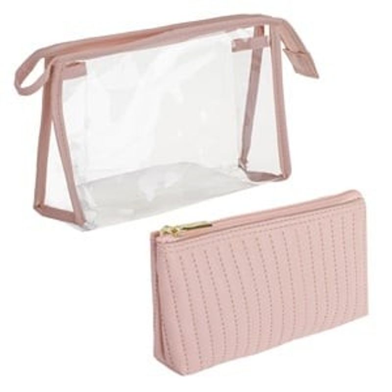 Ingrijire personala si Cosmetice - Machiaj - Portfarduri si genti cosmetice - Set Portfarduri Transparent Roz Nude cu Model Dungi - Infinity.ro
