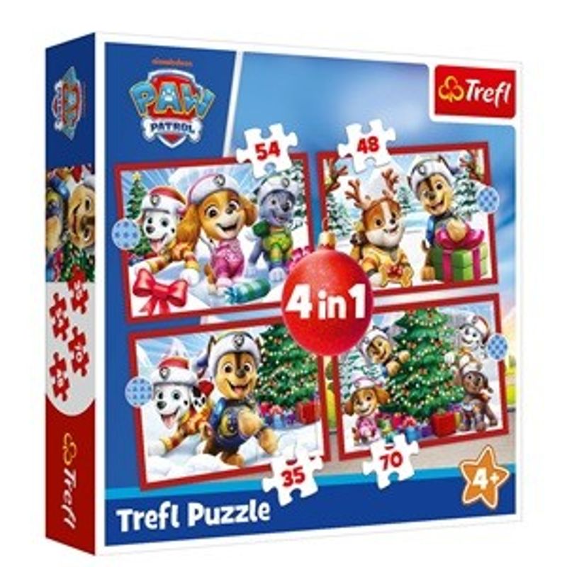 Jucarii, Copii si Bebe - Jucarii si jocuri - Jocuri si puzzle - Puzzle - Set Puzzle 4 in 1 de Craciun cu Personaje Paw Patrol, 35+48+54+70 Piese, Multicolor - Infinity.ro