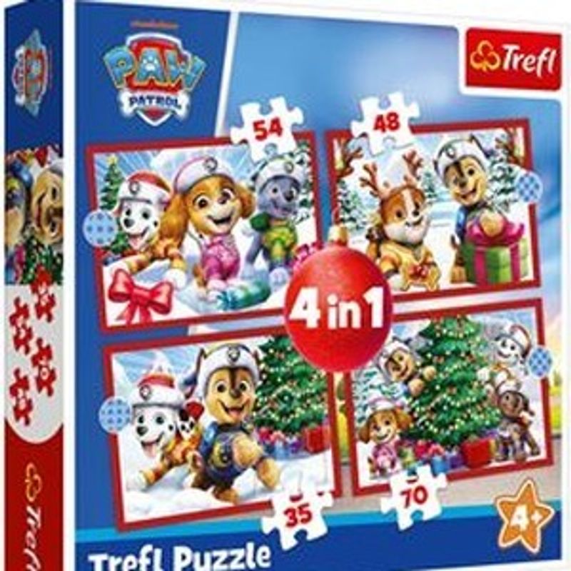 Jucarii, Copii si Bebe - Jucarii si jocuri - Jocuri si puzzle - Puzzle - Set Puzzle 4 in 1 de Craciun cu Personaje Paw Patrol, 35+48+54+70 Piese, Multicolor - Infinity.ro