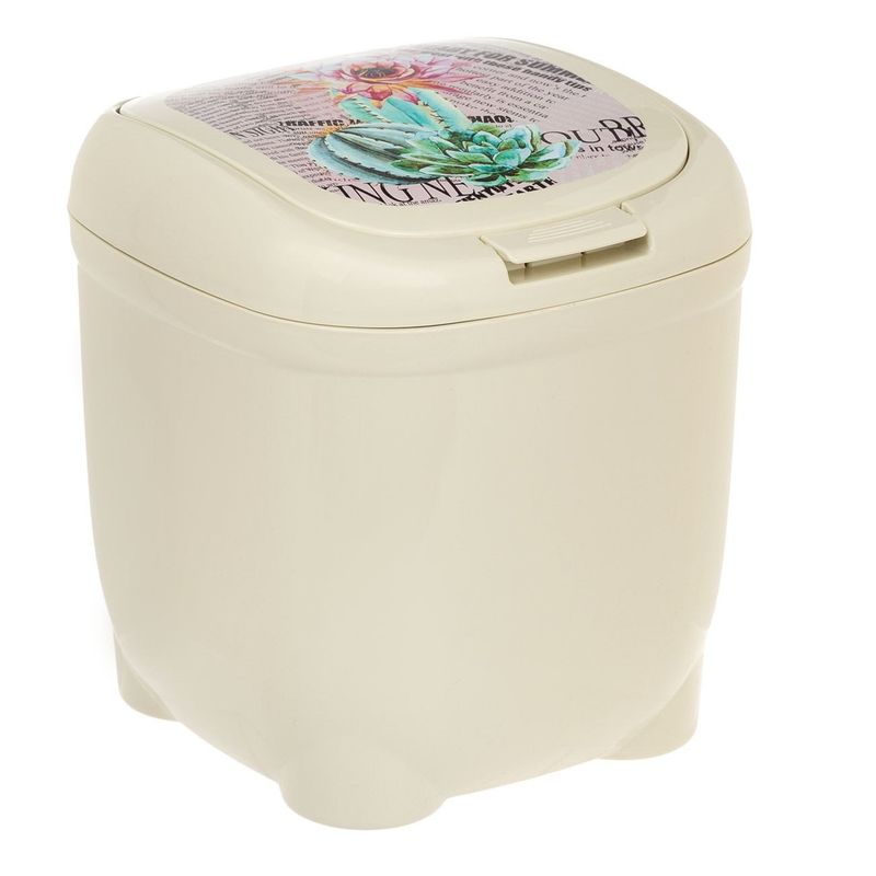 Casa si Gradina - Mobilier - Organizare si depozitare - Cosuri de gunoi - Cos de Gunoi din Plastic Bej cu Model Frunze, 4L, cu Capac cu Deschidere prin Buton - Infinity.ro