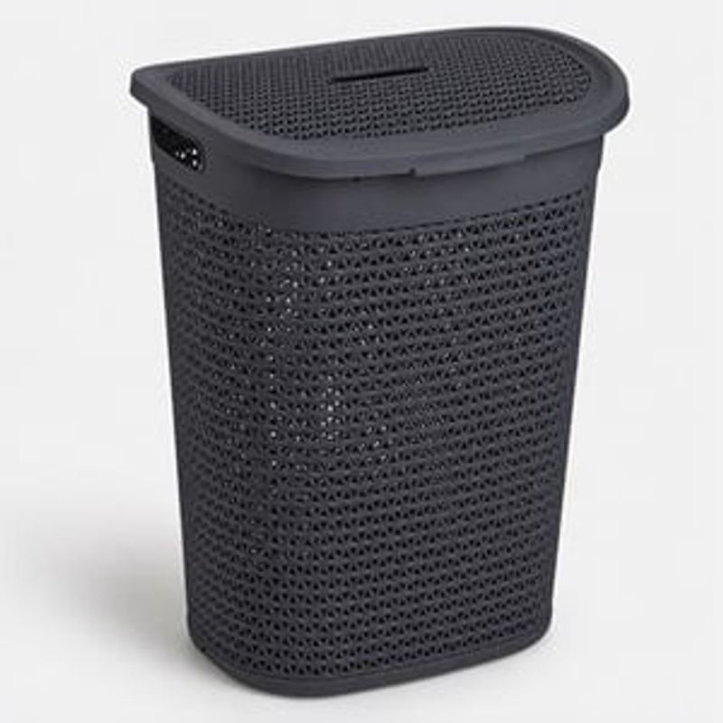 Market - Spalare si intretinere rufe - Uscatoare de rufe si accesorii - Cos pentru rufe din plastic, 60L, Antracit, cu capac detasabil si manere - Infinity.ro