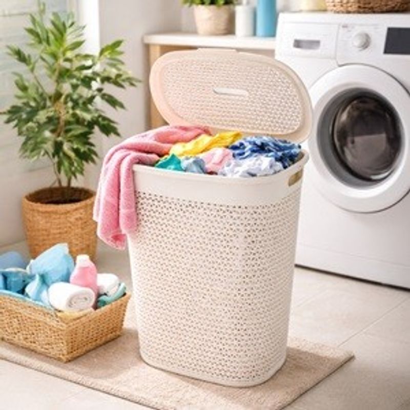 Market - Spalare si intretinere rufe - Uscatoare de rufe si accesorii - Cos Rufe Plastic Ecru 60L cu Capac Detasabil - Infinity.ro