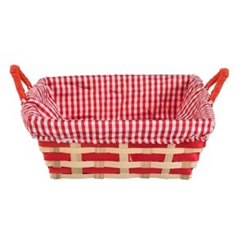 Casa si Gradina - Decoratiuni - Decoratiuni de sezon - Cos Decorativ Patrat din Bambus cu Captuseala din Stofa in Carouri Bej si Rosii, 21x21x8cm - Infinity.ro