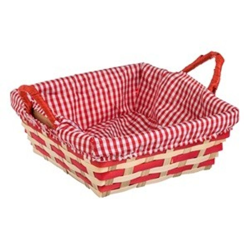Casa si Gradina - Decoratiuni - Decoratiuni de sezon - Cos Decorativ Patrat din Bambus cu Captuseala din Stofa in Carouri Bej si Rosii, 21x21x8cm - Infinity.ro