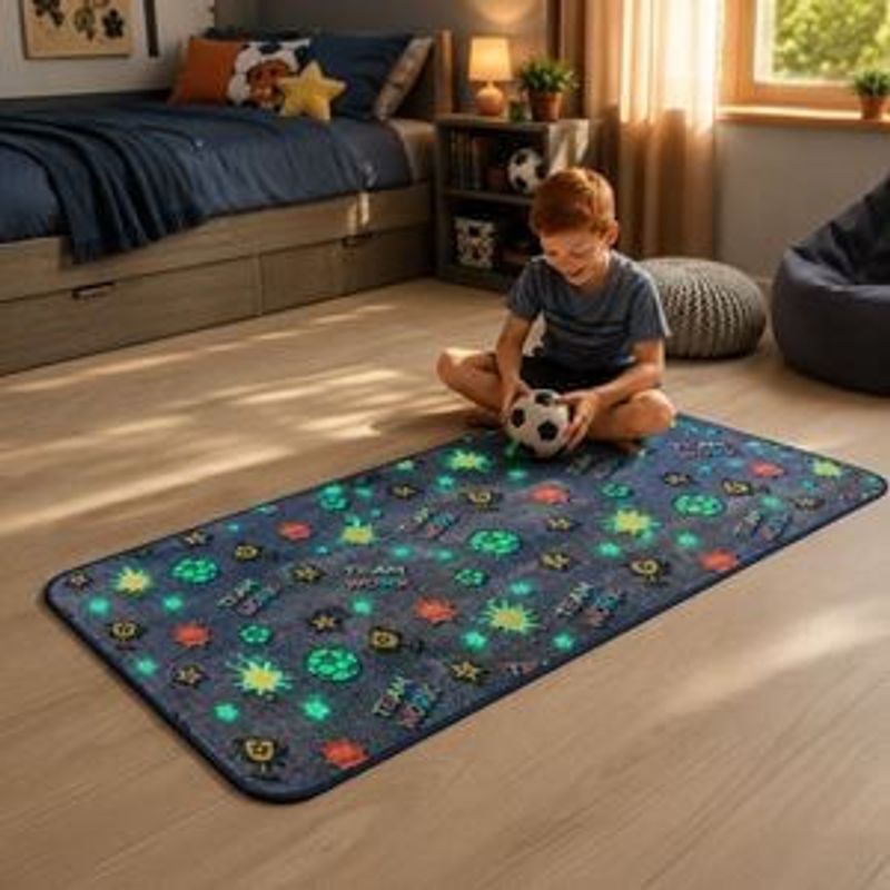 Casa si Gradina - Textile si covoare - Covoare - Covoare casa - Covoras Decorativ Fosforescent cu Imprimeu Fotbal, 140x60cm, Albastru - Infinity.ro