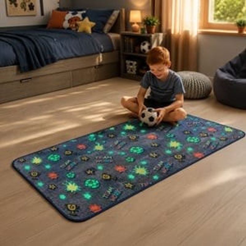 Casa si Gradina - Textile si covoare - Covoare - Covoare casa - Covoras Decorativ Fosforescent cu Imprimeu Fotbal, 140x60cm, Albastru - Infinity.ro