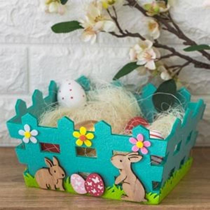 Casa si Gradina - Decoratiuni - Decoratiuni de sezon - Cos decorativ de Paste din fetru, Turcoaz, cu iepurasi si oua, 22x17x12cm - Infinity.ro