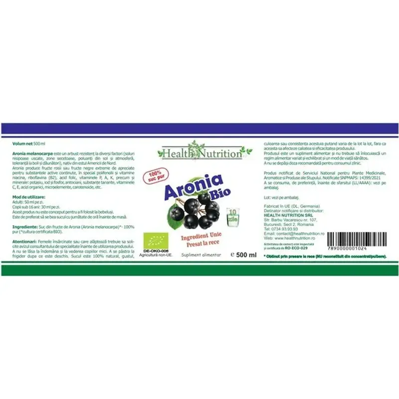 Market - Bauturi - Bauturi non-alcoolice - Bauturi necarbogazoase - Aronia 100% suc pur 500 ml ECOLOGIC - Infinity.ro