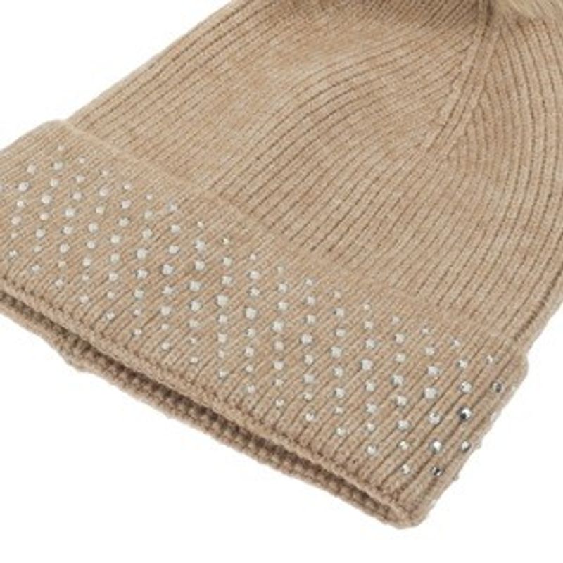 Fashion, accesorii si bijuterii - Femei - Accesorii femei - Caciuli si palarii femei - Caciula Tricotata Bej cu Strass si Pompon pentru Femei - Infinity.ro