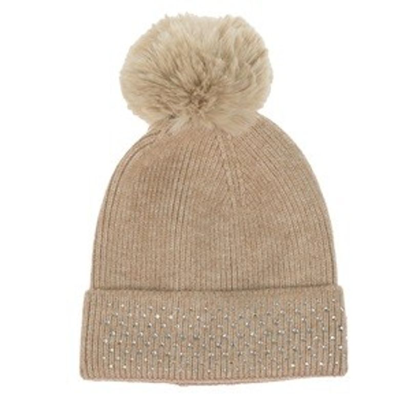 Fashion, accesorii si bijuterii - Femei - Accesorii femei - Caciuli si palarii femei - Caciula Tricotata Bej cu Strass si Pompon pentru Femei - Infinity.ro