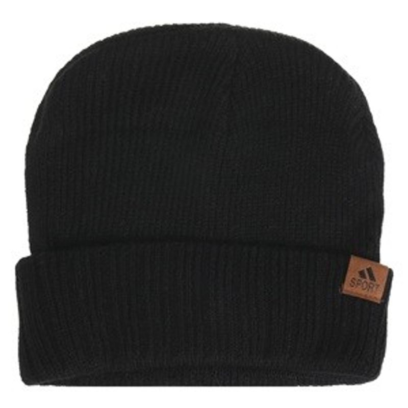 Fashion, accesorii si bijuterii - Femei - Accesorii femei - Caciuli si palarii femei - Caciula tricotata neagra cu bordura intoarsa si patch PU - Infinity.ro