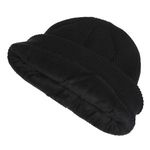 Fashion, accesorii si bijuterii - Femei - Accesorii femei - Caciuli si palarii femei - Caciula tricotata neagra cu bordura intoarsa si patch PU - Infinity.ro