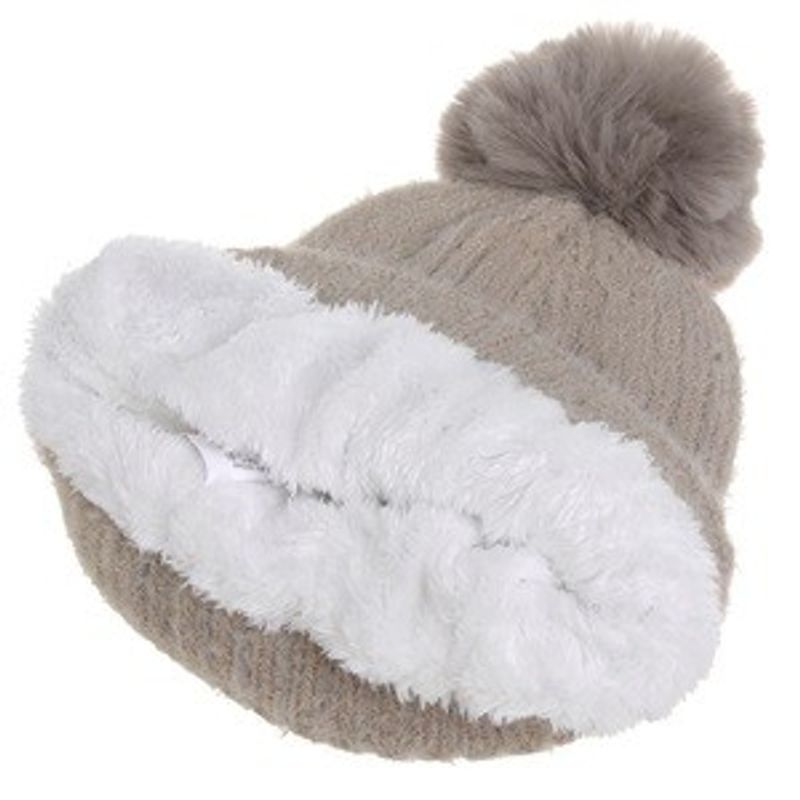 Fashion, accesorii si bijuterii - Femei - Accesorii femei - Caciuli si palarii femei - Caciula tricotata cu paiete, captuseala fleece si pompon, Taupe - Infinity.ro