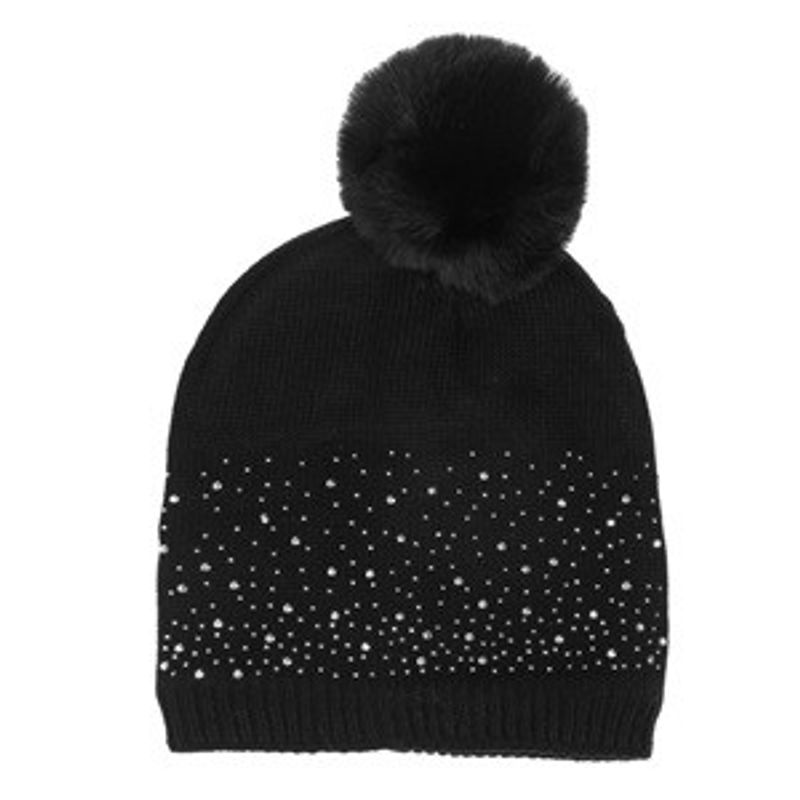 Fashion, accesorii si bijuterii - Femei - Accesorii femei - Caciuli si palarii femei - Caciula tricotata neagra cu strass si pompon pentru femei - Infinity.ro