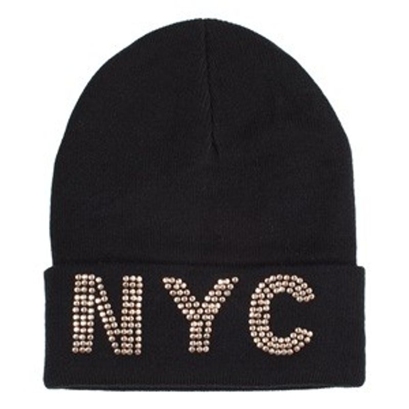 Fashion, accesorii si bijuterii - Femei - Accesorii femei - Caciuli si palarii femei - Caciula tricotata neagra cu strass NYC pentru femei - Infinity.ro