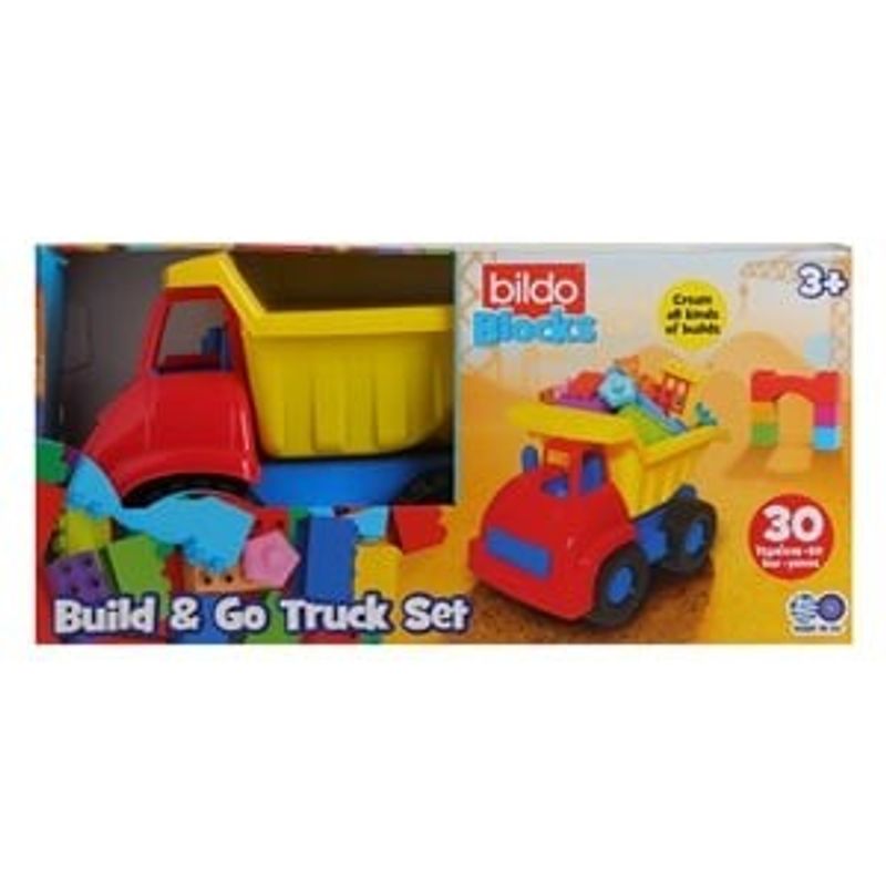 Jucarii, Copii si Bebe - Jucarii si jocuri - Vehicule si jucarii cu telecomanda - Masinute - Camion de constructii cu caramizi colorate, 30 piese, 32x20x25 cm - Infinity.ro