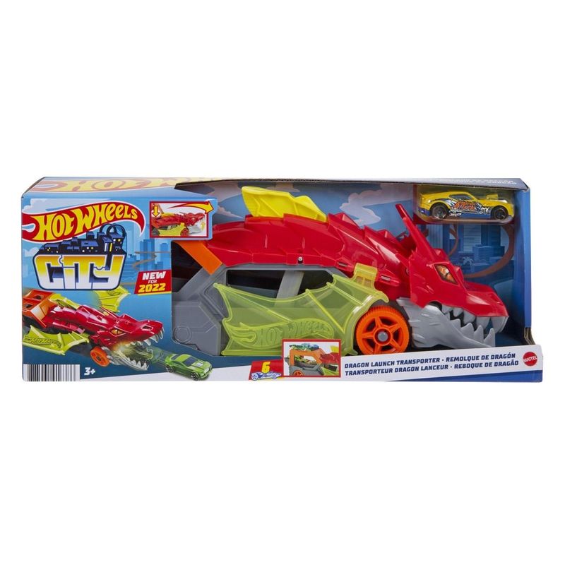 Jucarii, Copii si Bebe - Jucarii si jocuri - Vehicule si jucarii cu telecomanda - Masinute - Camion Dragon cu lansator de masinute, Rosu, Include 1 masina - Infinity.ro