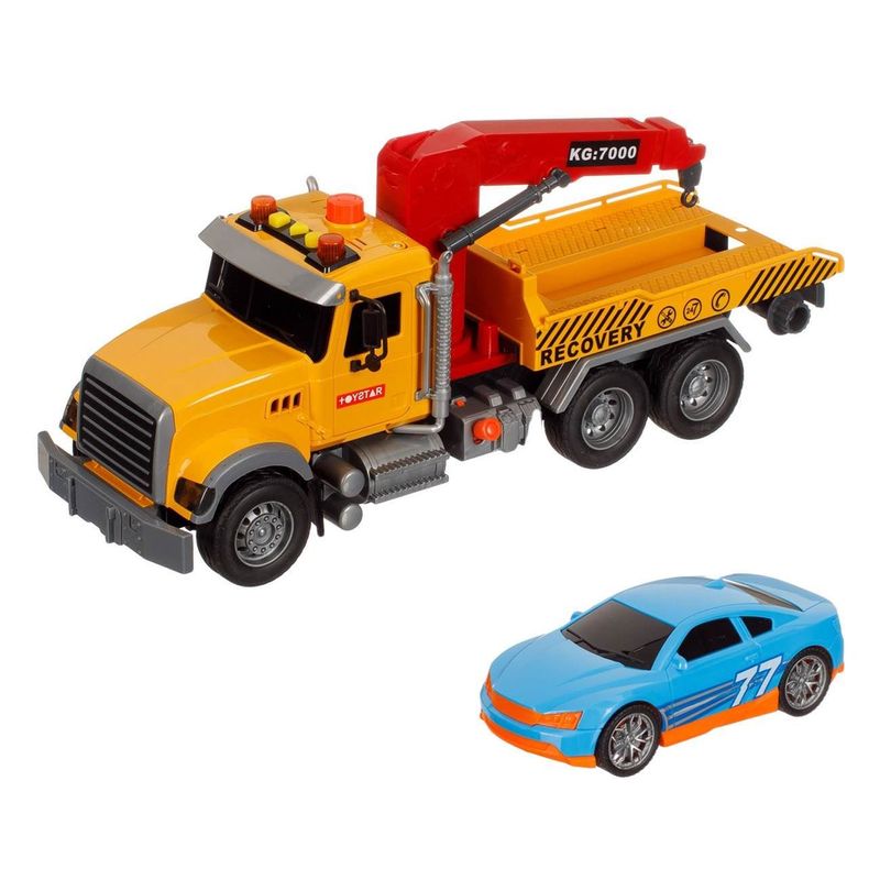 Jucarii, Copii si Bebe - Jucarii si jocuri - Vehicule si jucarii cu telecomanda - Masinute - Camion Macara cu Platforma si Masina, Lumini si Sunete, Galben - Infinity.ro
