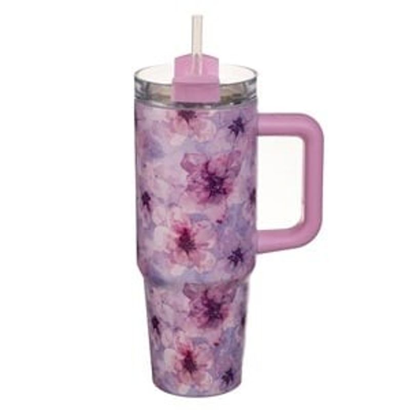 Casa si Gradina - Bucatarie si vesela - Accesorii bar - Termosuri si Cani termos - Cana Termos Inoxidabil Roz cu Imprimeu Floral - Pai Reutilizabil 900ml - Infinity.ro