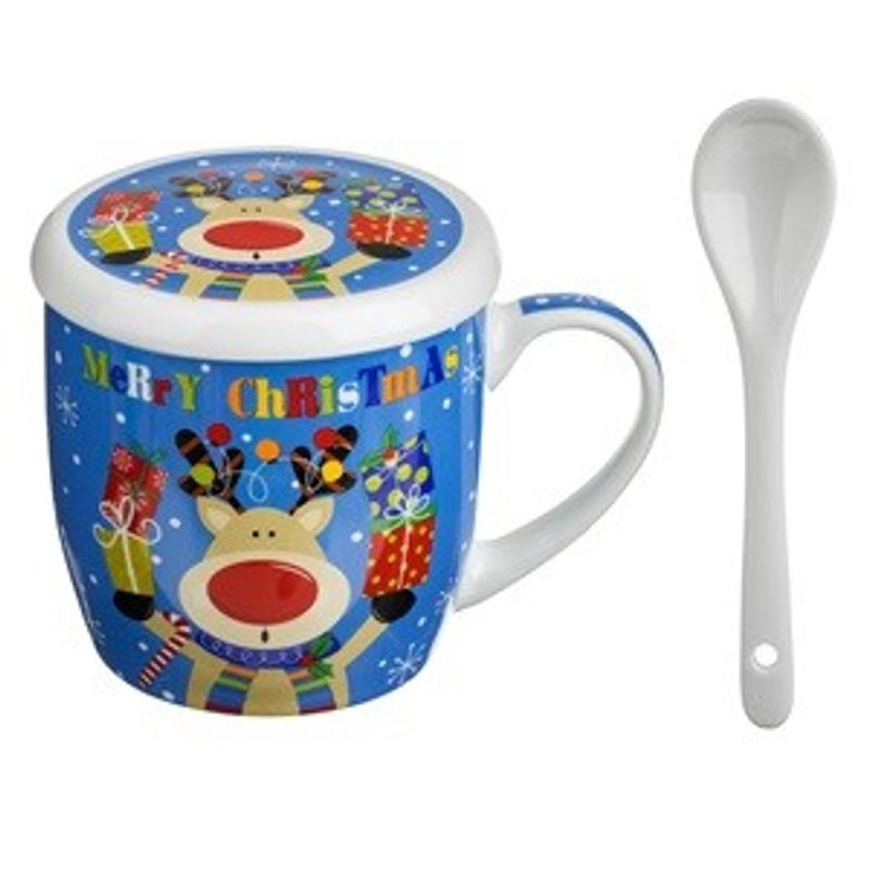 Casa si Gradina - Bucatarie si vesela - Cani si pahare - Cani si cesti - Set Cana de Craciun cu Capac & Lingura Ren cu Cadouri 340ml - 3 piese - Infinity.ro