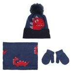 Fashion, accesorii si bijuterii - Copii - Accesorii copii - Caciuli si palarii copii - Set Caciula cu Pompon, Fular Circular si Manusi cu Model Dinozaur pentru Copii, Albastru, 3 piese - Infinity.ro