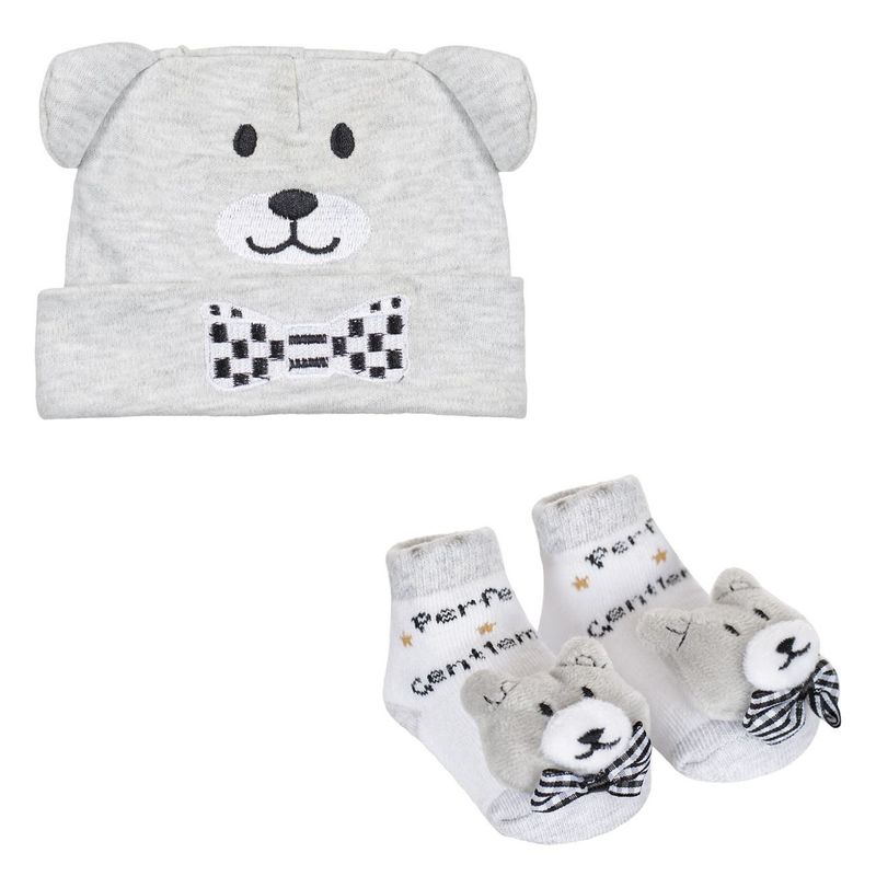 Fashion, accesorii si bijuterii - Copii - Accesorii copii - Caciuli si palarii copii - Set Caciula si Sosete pentru Nou Nascut, Gri, cu Ursulet 3D - Infinity.ro