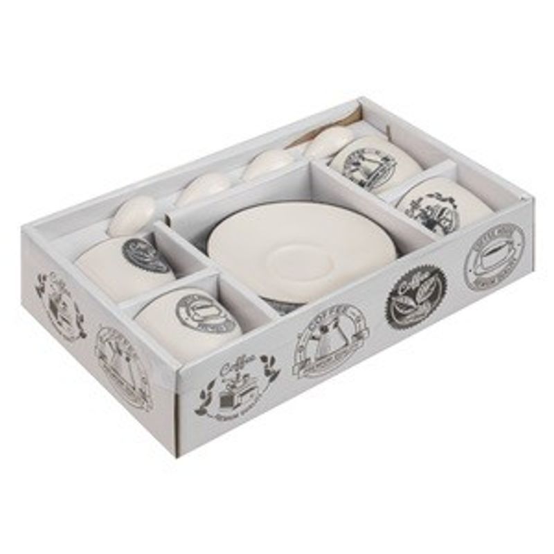 Casa si Gradina - Bucatarie si vesela - Cani si pahare - Cani si cesti - Set Cesti Ceramice cu Farfurioare si Lingurite, 4 Seturi, 90 ml, Alb - Infinity.ro