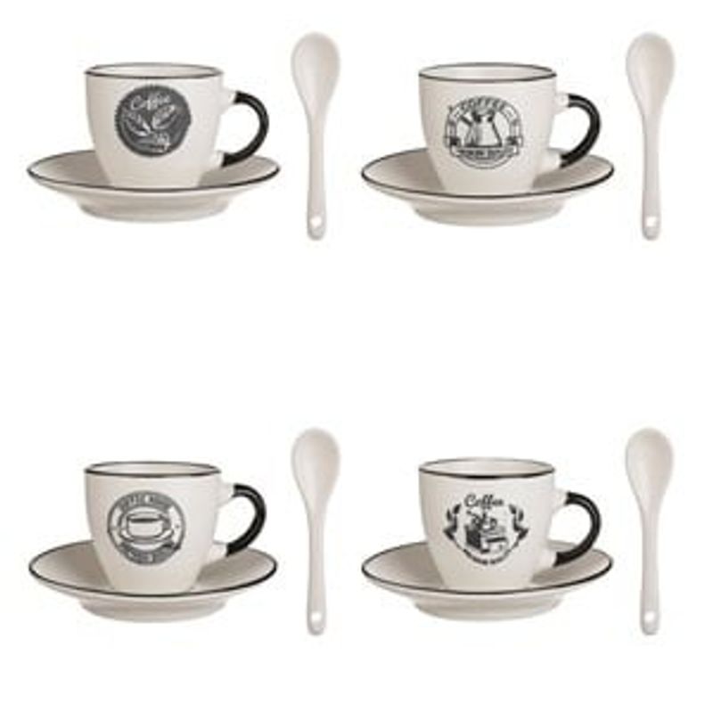 Casa si Gradina - Bucatarie si vesela - Cani si pahare - Cani si cesti - Set Cesti Ceramice cu Farfurioare si Lingurite, 4 Seturi, 90 ml, Alb - Infinity.ro