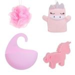 Ingrijire personala si Cosmetice - Ingrijire personala - Ingrijire corp - Bureti de baie - Set Bureti de Baie Unicorn cu Husa Suspendabila, 4 buc, Roz - Infinity.ro