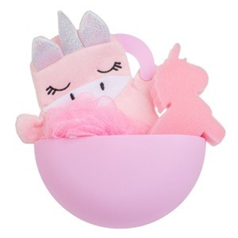 Ingrijire personala si Cosmetice - Ingrijire personala - Ingrijire corp - Bureti de baie - Set Bureti de Baie Unicorn cu Husa Suspendabila, 4 buc, Roz - Infinity.ro