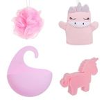 Ingrijire personala si Cosmetice - Ingrijire personala - Ingrijire corp - Bureti de baie - Set Bureti de Baie Unicorn cu Husa Suspendabila, 4 buc, Roz - Infinity.ro