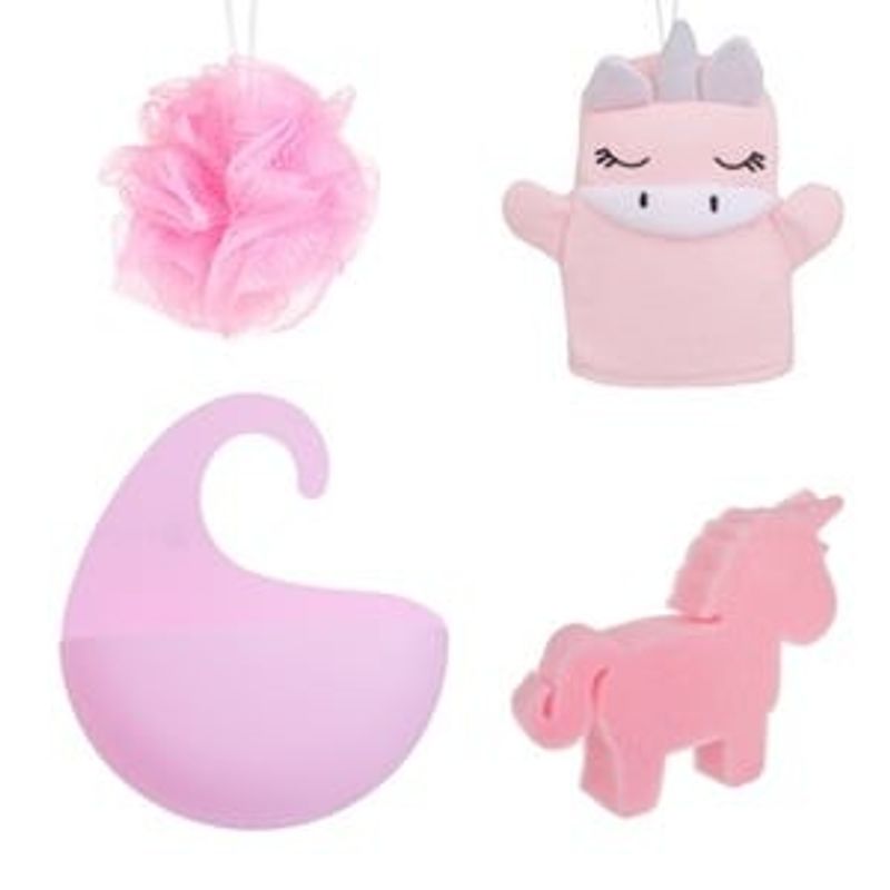 Ingrijire personala si Cosmetice - Ingrijire personala - Ingrijire corp - Bureti de baie - Set Bureti de Baie Unicorn cu Husa Suspendabila, 4 buc, Roz - Infinity.ro