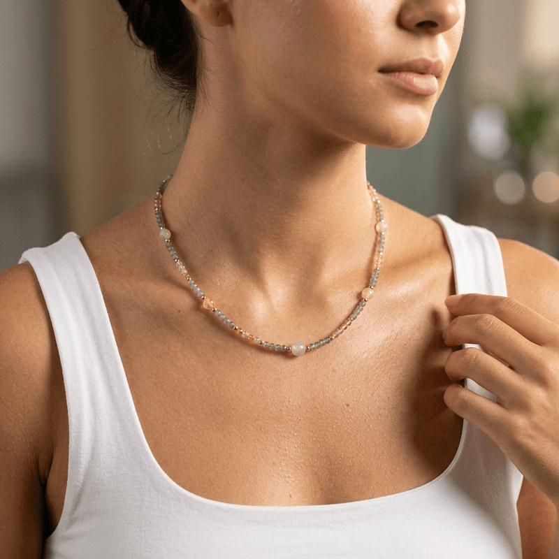 Fashion, accesorii si bijuterii - Femei - Bijuterii femei - Coliere femei - Colier elegant Alba din cristale fatetate de Labradorit si Citrin cu argint 925 placat cu aur - Infinity.ro