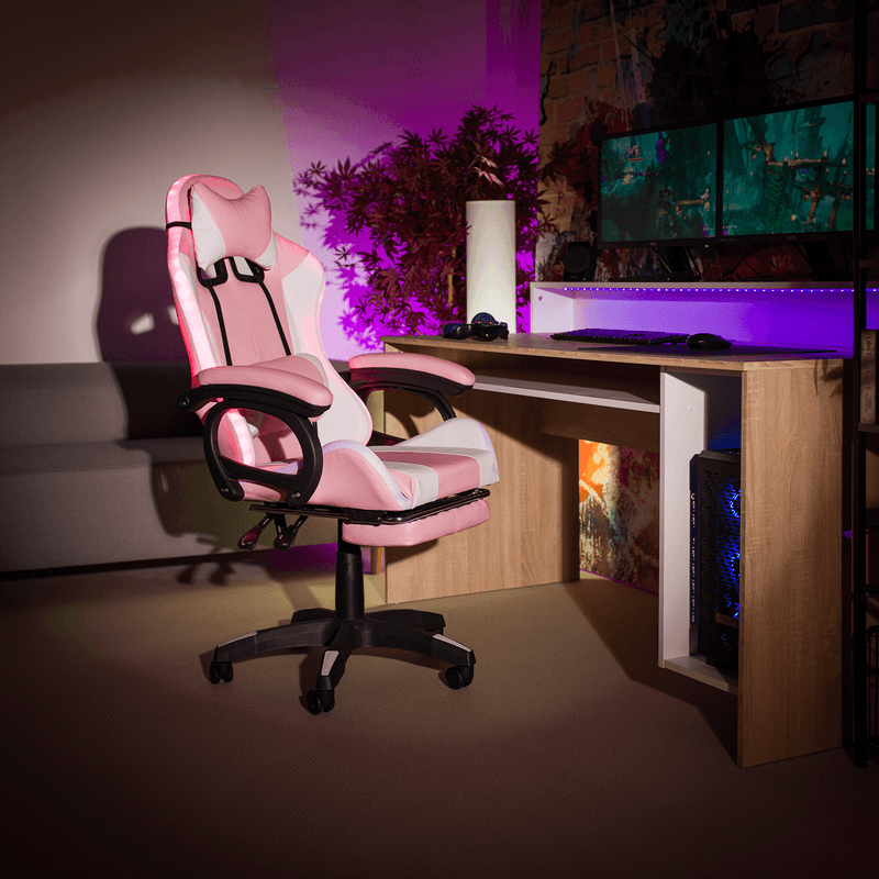 Casa si Gradina - Mobilier - Scaune si fotolii - Scaune - Scaun de birou/joc cu iluminare LED RGB, roz/alb, JOVELA - Infinity.ro