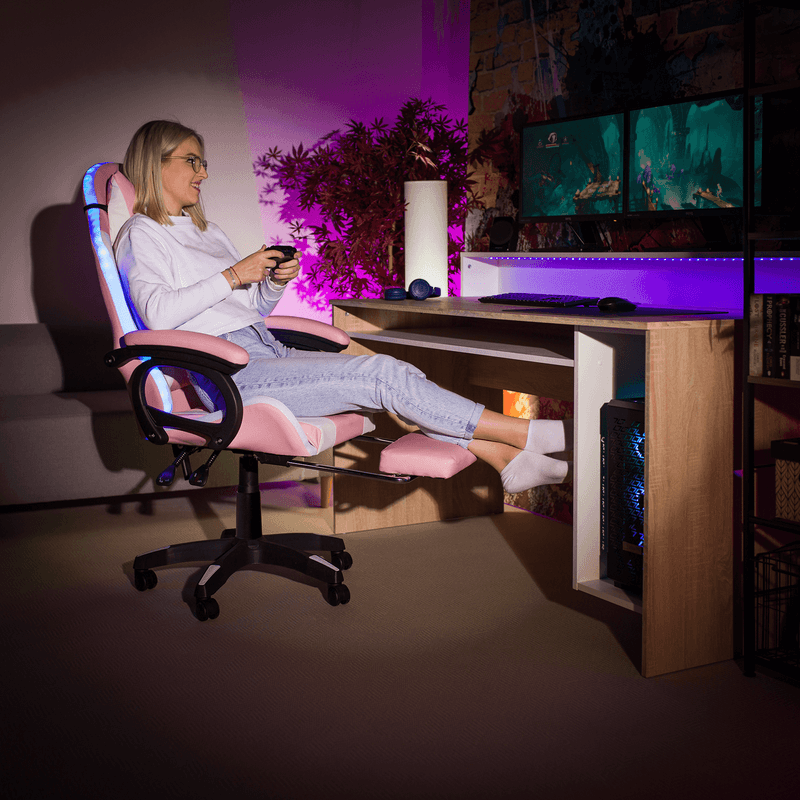 Casa si Gradina - Mobilier - Scaune si fotolii - Scaune - Scaun de birou/joc cu iluminare LED RGB, roz/alb, JOVELA - Infinity.ro