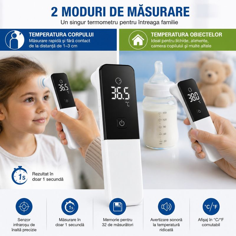 Ingrijire personala si Cosmetice - Sanatate si wellness - Aparate medicale - Termometre - Termometru Digital MRG M-UFR102, Infrarosu, Non Contact, 20 Memorii, 1 sec - Infinity.ro
