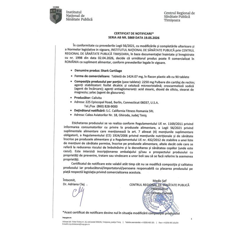 Ingrijire personala si Cosmetice - Sanatate si wellness - Suplimente alimentare - Alte suplimente alimentare - Cartilaj de Rechin, pentru Protectia Articulatiilor, Inflamatii si Mobilitate, Shark Cartilage Calivita - (90 tablete) - Infinity.ro