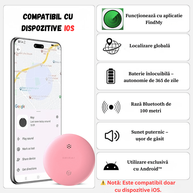 Laptop, Telefoane si Tablete - Wearables si gadgeturi - Gadgeturi - Dispozitive spionaj - Dispozitiv Anti-Pierdere BIRAI SafeTag, Compatibil IOS, Localizare GPS Tracker, Globala, , Fara SIM, Roz - Infinity.ro