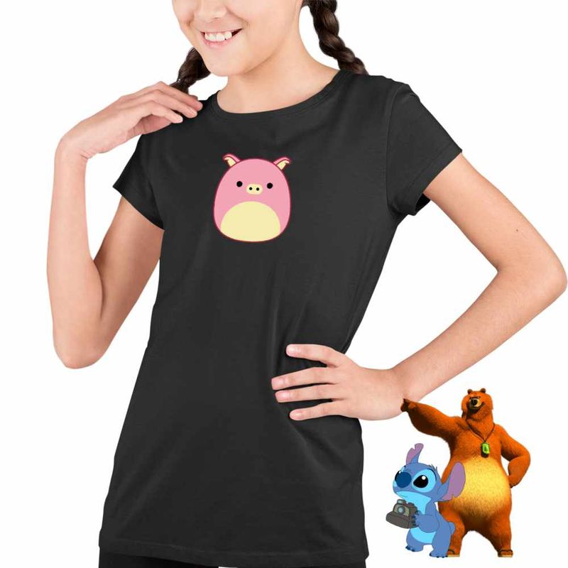 Fashion, accesorii si bijuterii - Copii - Imbracaminte copii - Tricouri copii - Tricou Copii Fete Squishmallows Porc Ferma CoolTrend, negru, marime S Copii - Infinity.ro