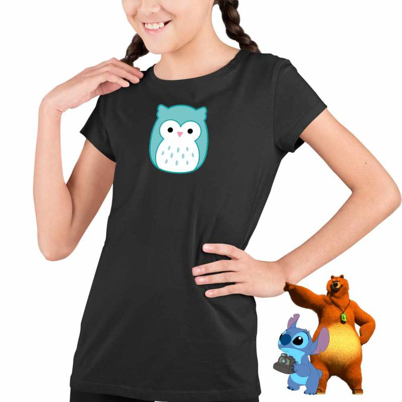 Fashion, accesorii si bijuterii - Copii - Imbracaminte copii - Tricouri copii - Tricou Copii Fete Squishmallows Bufnita Atena CoolTrend, negru, marime XS Copii - Infinity.ro