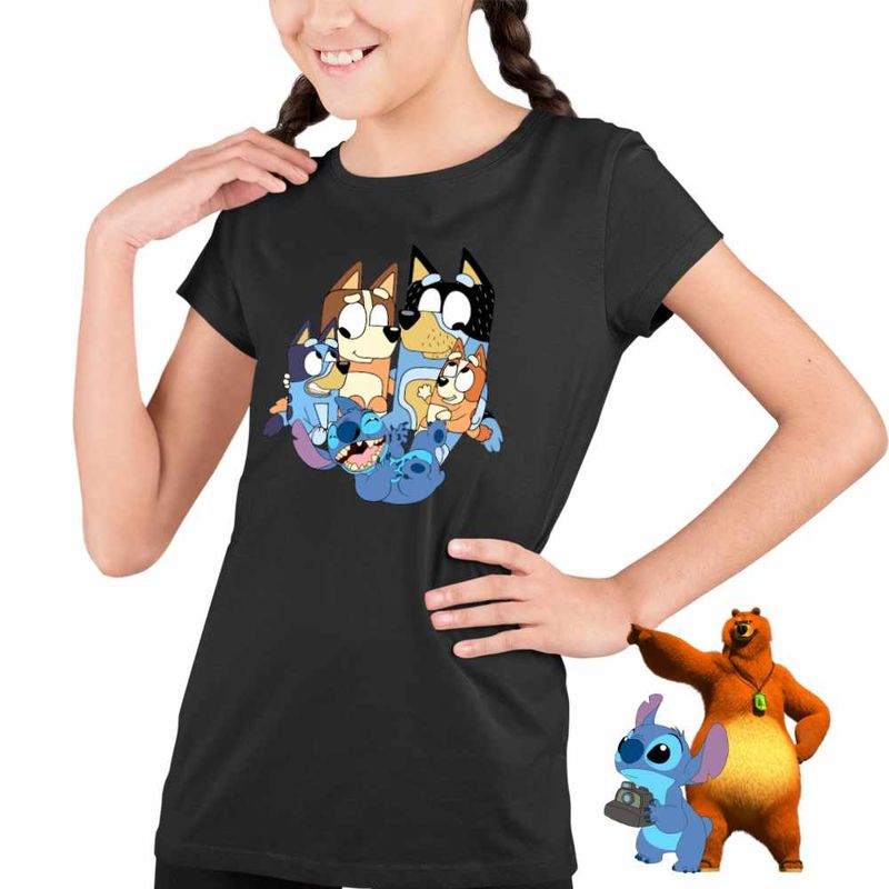 Fashion, accesorii si bijuterii - Copii - Imbracaminte copii - Tricouri copii - Tricou Copii Fete Bluey Family Stitch Stich Bingo CoolTrend, negru, marime S Copii - Infinity.ro