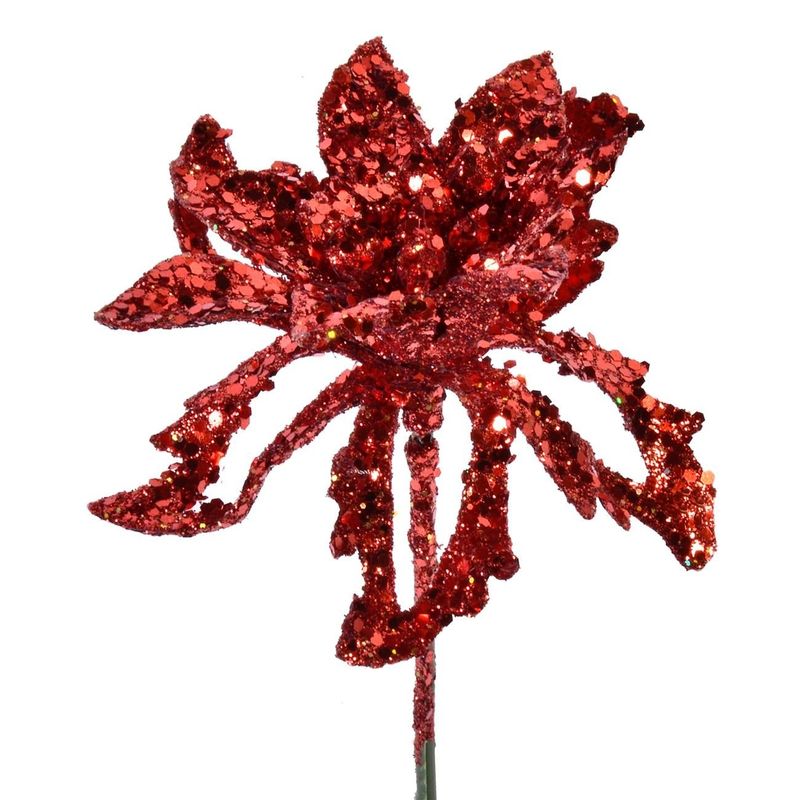 Casa si Gradina - Decoratiuni - Decoratiuni de sezon - Ramura Decorativa Craciun cu Flori Glitter Rosu 16cm - Infinity.ro
