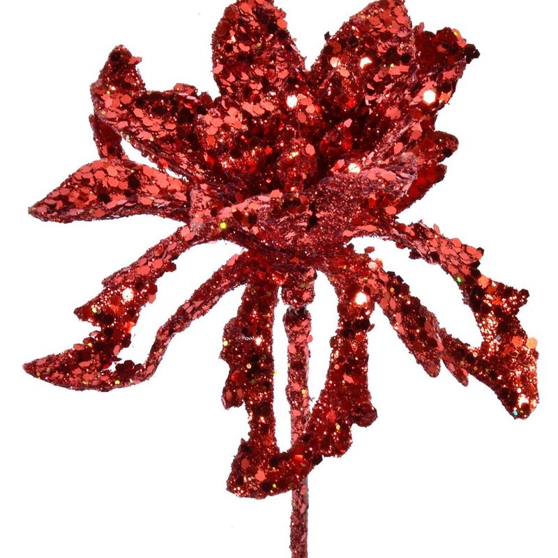Casa si Gradina - Decoratiuni - Decoratiuni de sezon - Ramura Decorativa Craciun cu Flori Glitter Rosu 16cm - Infinity.ro