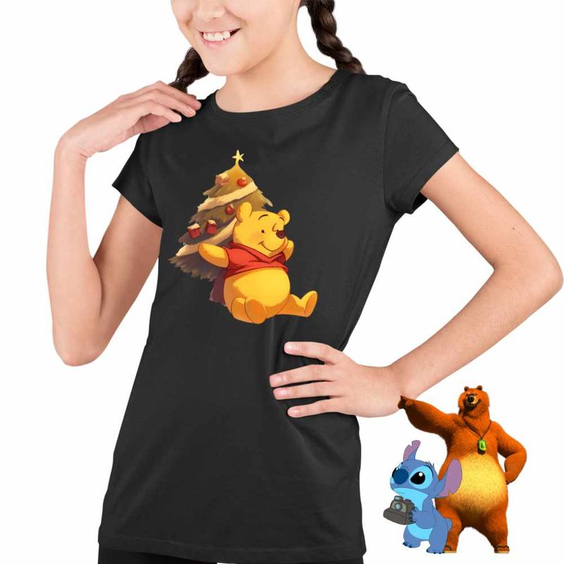 Fashion, accesorii si bijuterii - Copii - Imbracaminte copii - Tricouri copii - Tricou Copii Fete Winnie the Pooh Craciun Puh Sarbatori CoolTrend, negru, marime M Copii - Infinity.ro