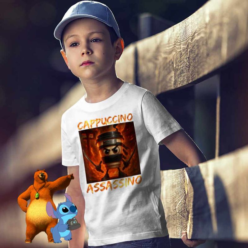 Fashion, accesorii si bijuterii - Copii - Imbracaminte copii - Tricouri copii - Tricou Copii Baieti Italia Cappuccino Assassino Brainrot CoolTrend, alb, marime S Copii - Infinity.ro