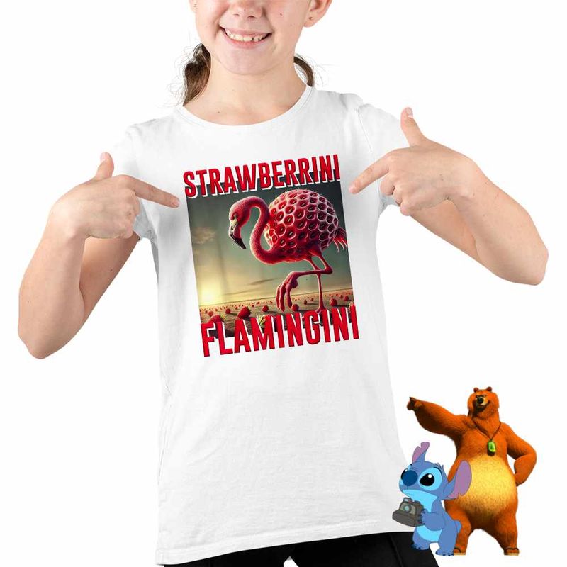 Fashion, accesorii si bijuterii - Copii - Imbracaminte copii - Tricouri copii - Tricou Copii Fete Strawberrini Flamingini Brainrot CoolTrend, alb, marime L Copii - Infinity.ro