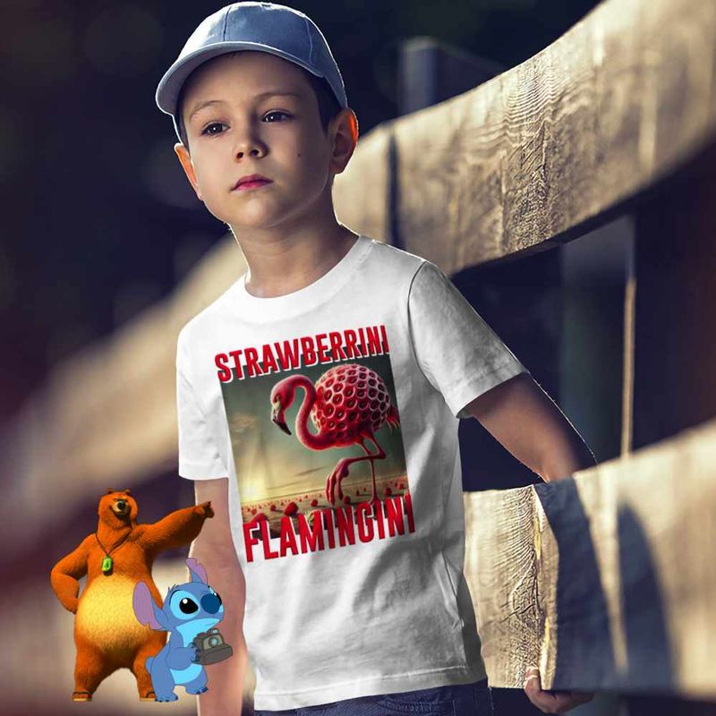 Fashion, accesorii si bijuterii - Copii - Imbracaminte copii - Tricouri copii - Tricou Copii Baieti Strawberrini Flamingini Brainrot CoolTrend, alb, marime XL Copii - Infinity.ro